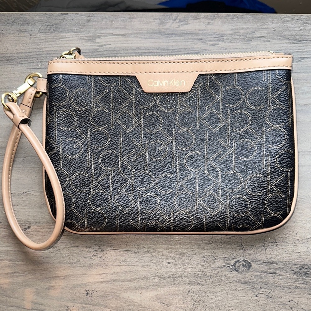 Calvin Klein Black and Tan Clutch with Monogram Pattern